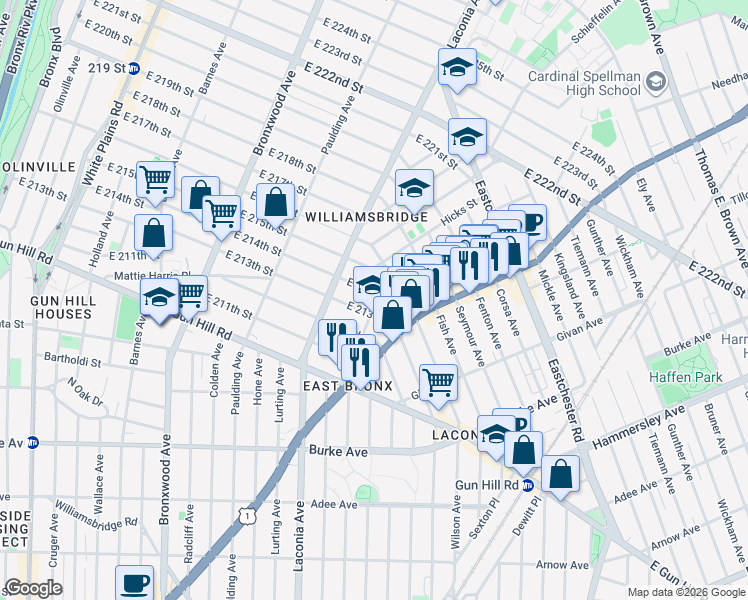 map of restaurants, bars, coffee shops, grocery stores, and more near 1147 East 214th Street in Bronx
