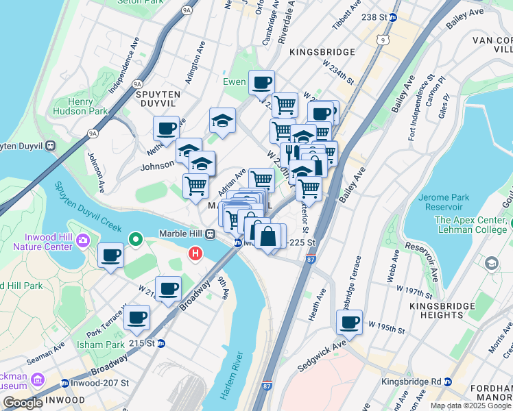 map of restaurants, bars, coffee shops, grocery stores, and more near 70 Marble Hill Avenue in Bronx