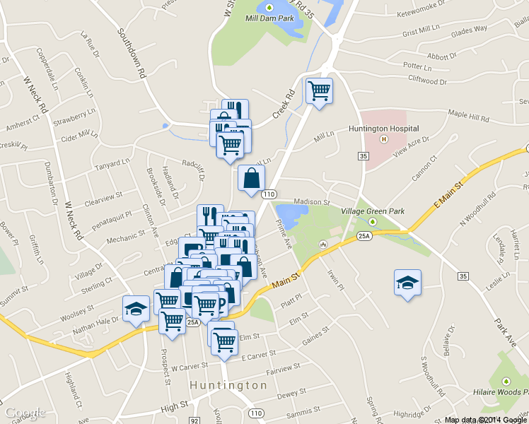 map of restaurants, bars, coffee shops, grocery stores, and more near 188 New York Avenue in Huntington