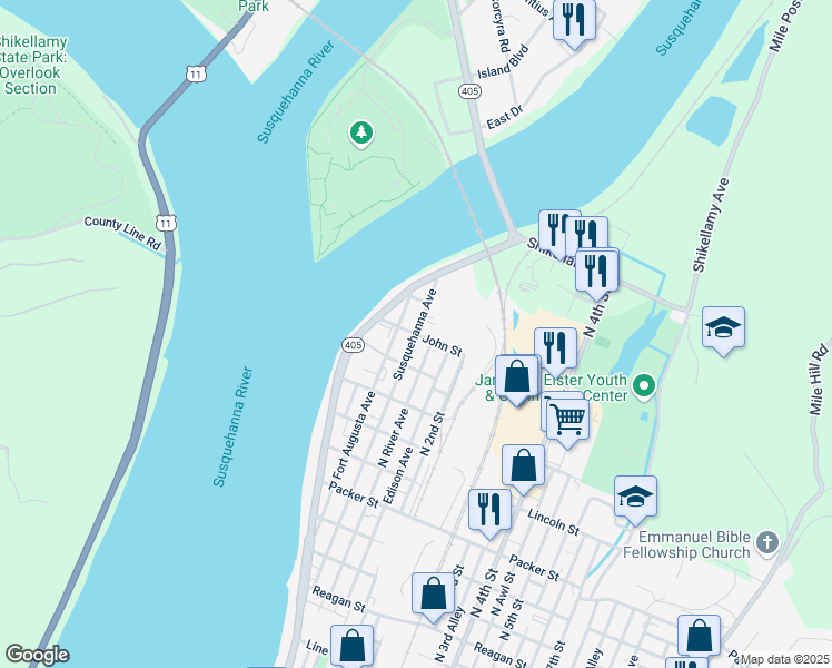 map of restaurants, bars, coffee shops, grocery stores, and more near John Street in Sunbury