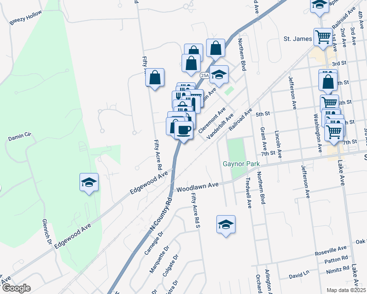map of restaurants, bars, coffee shops, grocery stores, and more near 416 North Country Road in Saint James