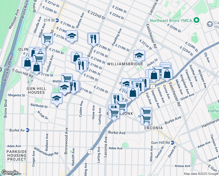 map of restaurants, bars, coffee shops, grocery stores, and more near 1037 East 213th Street in Bronx