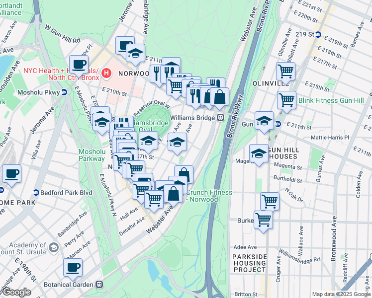 map of restaurants, bars, coffee shops, grocery stores, and more near in The Bronx