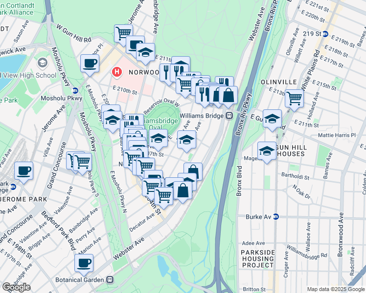 map of restaurants, bars, coffee shops, grocery stores, and more near in The Bronx