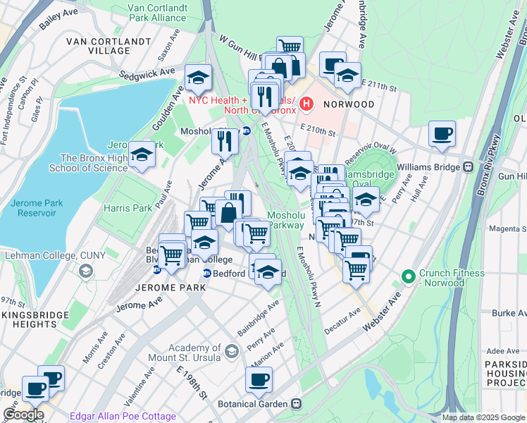 map of restaurants, bars, coffee shops, grocery stores, and more near 100 East Mosholu Parkway South in Bronx