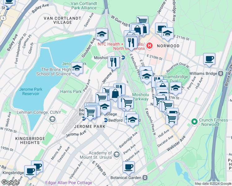 map of restaurants, bars, coffee shops, grocery stores, and more near 3184 Grand Concourse in Bronx