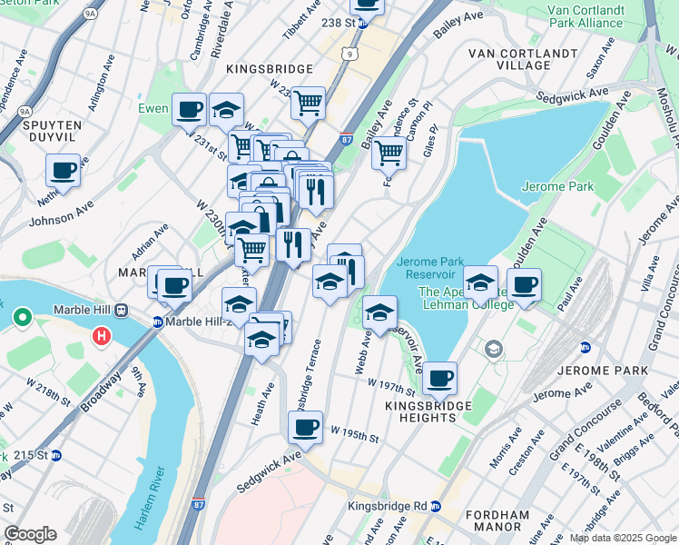 map of restaurants, bars, coffee shops, grocery stores, and more near in The Bronx