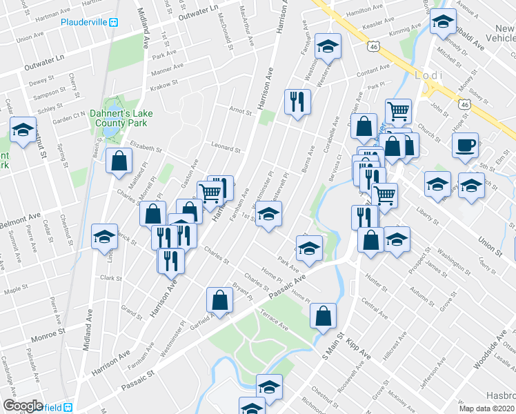 map of restaurants, bars, coffee shops, grocery stores, and more near 263 Westminster Place in Lodi