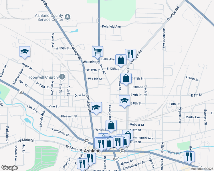 map of restaurants, bars, coffee shops, grocery stores, and more near 1007 Troy Road in Ashland
