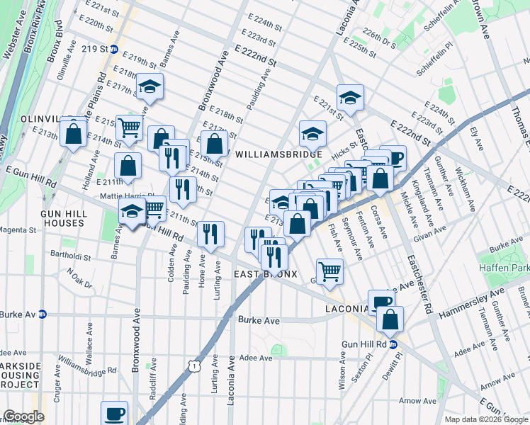 map of restaurants, bars, coffee shops, grocery stores, and more near 1102 East 214th Street in Bronx