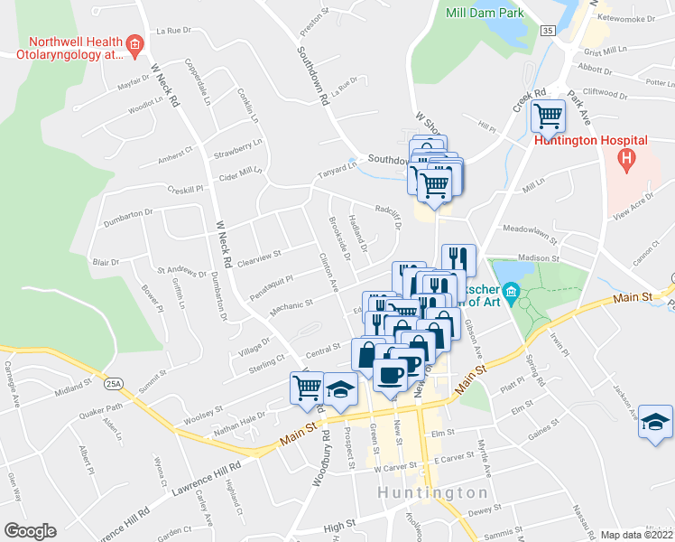 map of restaurants, bars, coffee shops, grocery stores, and more near 132 Clinton Avenue in Huntington