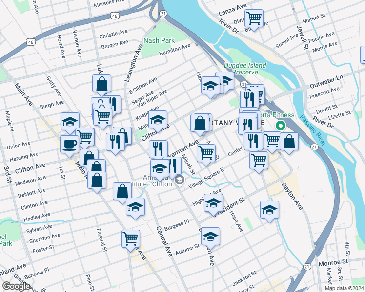 map of restaurants, bars, coffee shops, grocery stores, and more near 238 Ackerman Avenue in Clifton