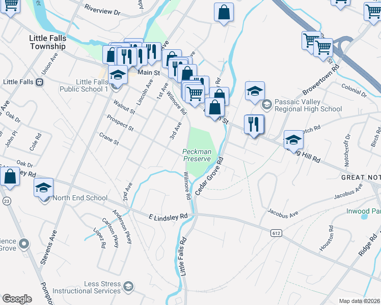 map of restaurants, bars, coffee shops, grocery stores, and more near 105 Wilmore Road in Little Falls