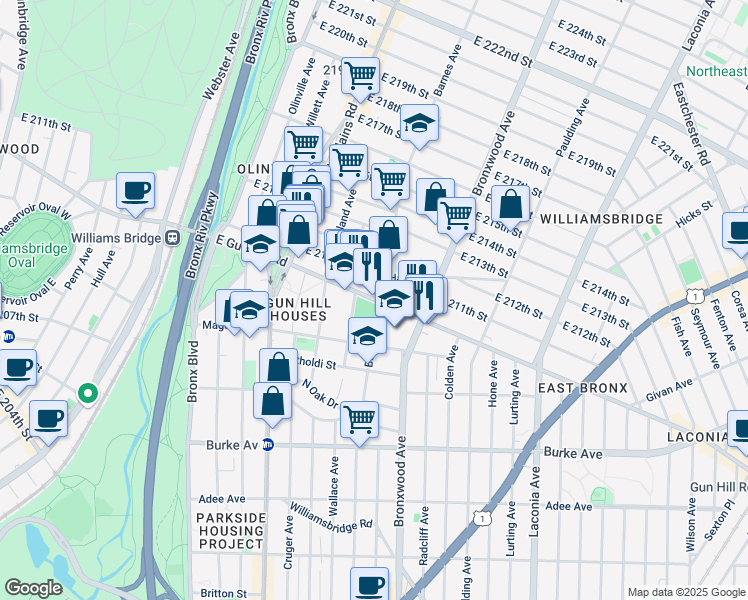 map of restaurants, bars, coffee shops, grocery stores, and more near 771 East Gun Hill Road in Bronx