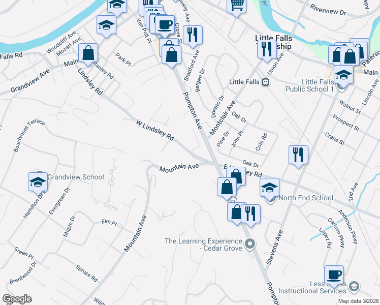 map of restaurants, bars, coffee shops, grocery stores, and more near 50 West Lindsley Road in Cedar Grove