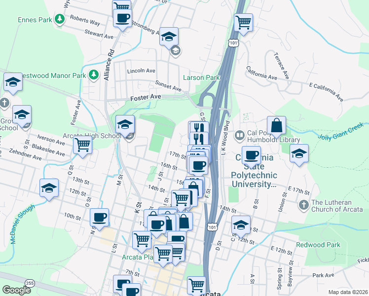 map of restaurants, bars, coffee shops, grocery stores, and more near 840 18th Street in Arcata