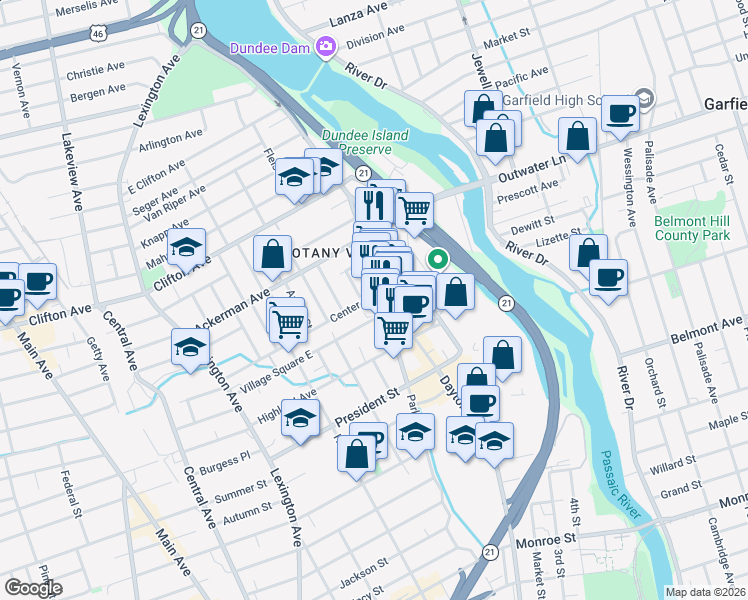 map of restaurants, bars, coffee shops, grocery stores, and more near 255 Parker Avenue in Clifton