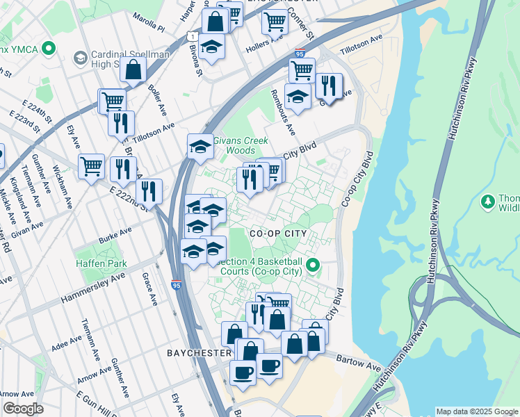 map of restaurants, bars, coffee shops, grocery stores, and more near 133a Dreiser Loop in The Bronx