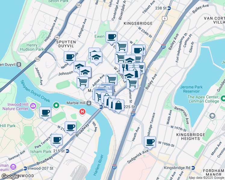 map of restaurants, bars, coffee shops, grocery stores, and more near 120 West 228th Street in The Bronx