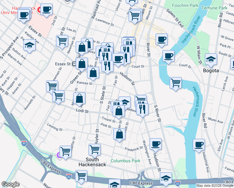 map of restaurants, bars, coffee shops, grocery stores, and more near 63 Grove Street in Hackensack