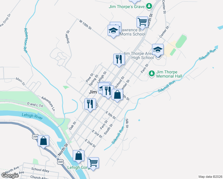 map of restaurants, bars, coffee shops, grocery stores, and more near 20 West 7th Street in Jim Thorpe