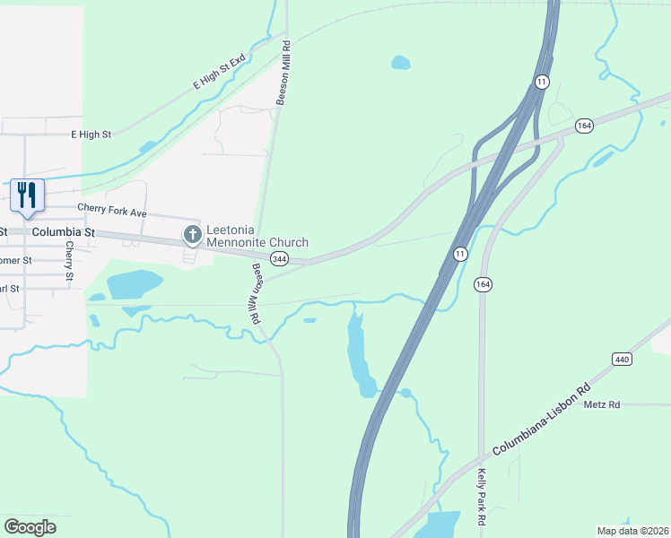 map of restaurants, bars, coffee shops, grocery stores, and more near 40585 Ohio 344 in Leetonia