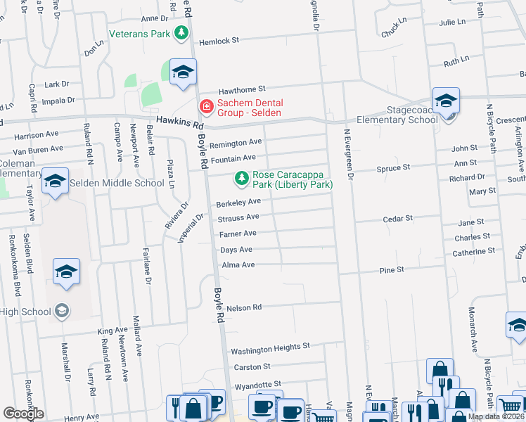 map of restaurants, bars, coffee shops, grocery stores, and more near 110 Berkeley Avenue in Selden