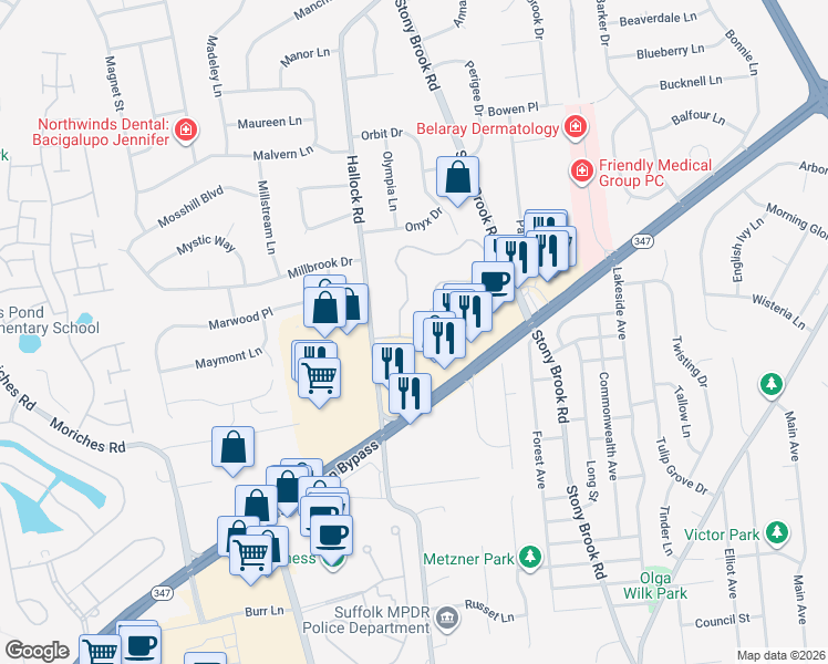 map of restaurants, bars, coffee shops, grocery stores, and more near 86 Strathmore Gate Drive in Stony Brook