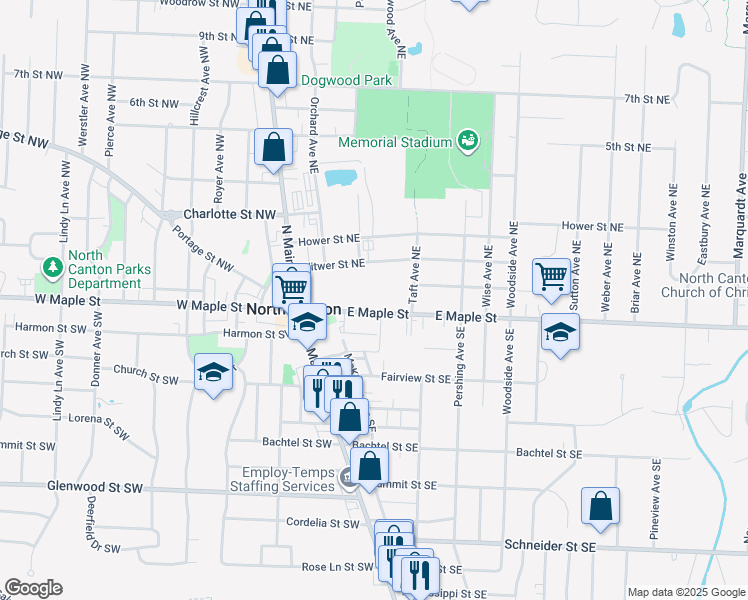 map of restaurants, bars, coffee shops, grocery stores, and more near 297 East Maple Street in North Canton