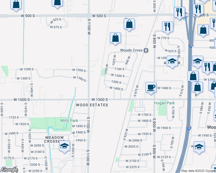 map of restaurants, bars, coffee shops, grocery stores, and more near 1032 West 1400 South in Woods Cross