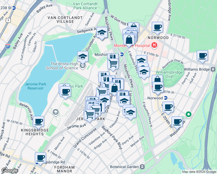 map of restaurants, bars, coffee shops, grocery stores, and more near 3168 Villa Avenue in Bronx