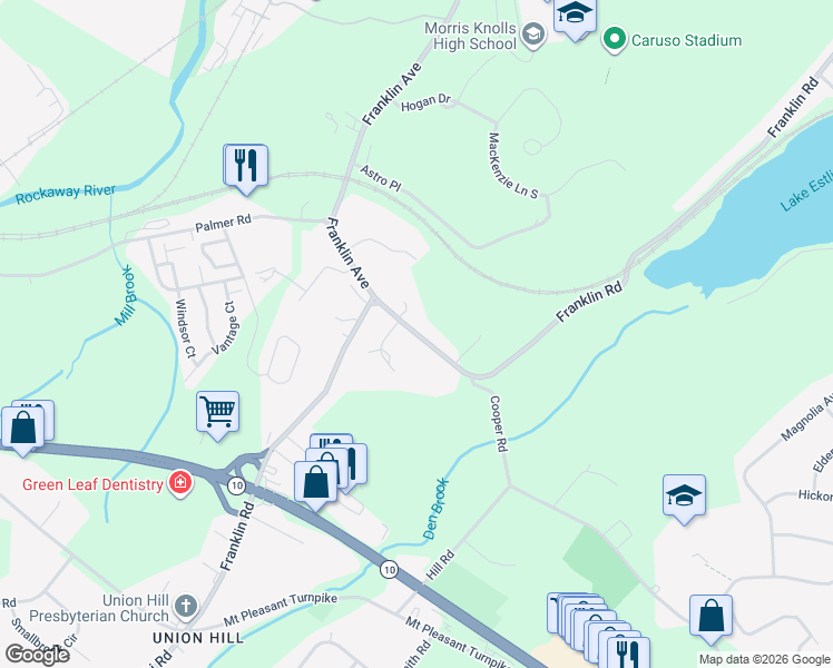 map of restaurants, bars, coffee shops, grocery stores, and more near 355 Franklin Road in Denville