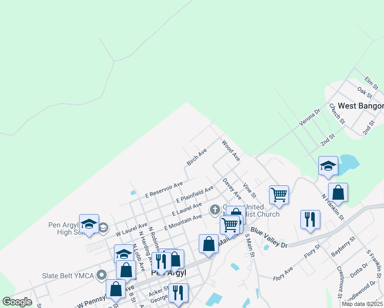 map of restaurants, bars, coffee shops, grocery stores, and more near 601 Birch Avenue in Pen Argyl