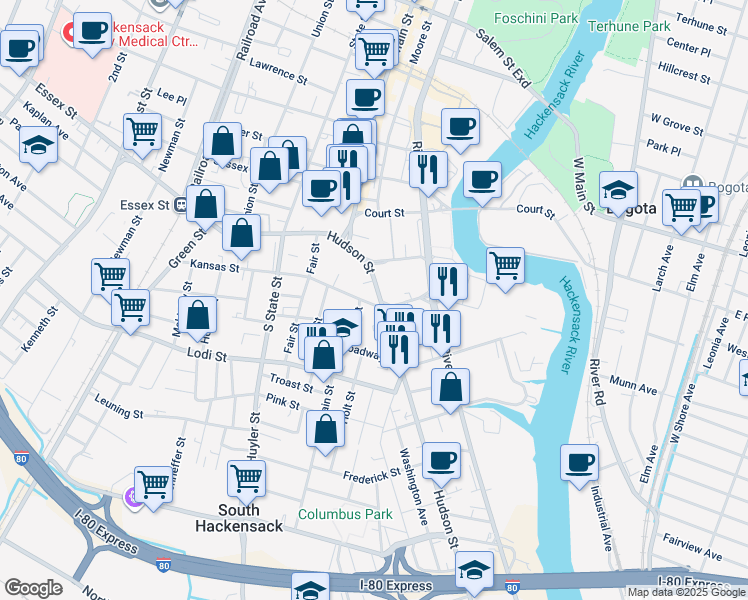 map of restaurants, bars, coffee shops, grocery stores, and more near 1 Bergen County Plaza in Hackensack