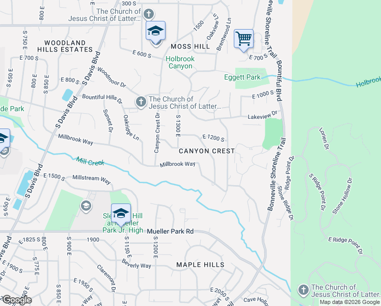 map of restaurants, bars, coffee shops, grocery stores, and more near 1364 Canyon Park Road in Bountiful