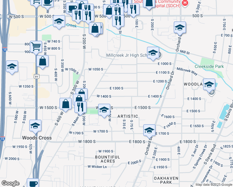 map of restaurants, bars, coffee shops, grocery stores, and more near 6 East 1300 South in Bountiful
