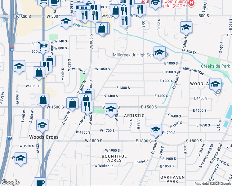 map of restaurants, bars, coffee shops, grocery stores, and more near 59 West 1300 South in Bountiful
