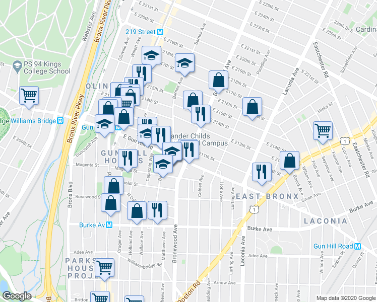map of restaurants, bars, coffee shops, grocery stores, and more near in The Bronx