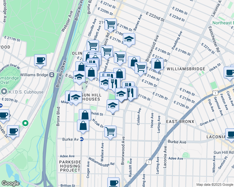 map of restaurants, bars, coffee shops, grocery stores, and more near 771 East Gun Hill Road in Bronx