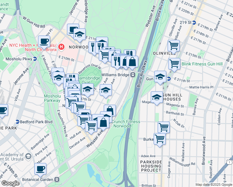 map of restaurants, bars, coffee shops, grocery stores, and more near in The Bronx