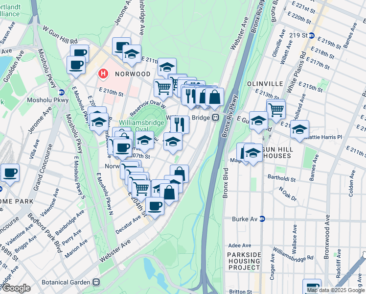 map of restaurants, bars, coffee shops, grocery stores, and more near 3300 Decatur Avenue in The Bronx