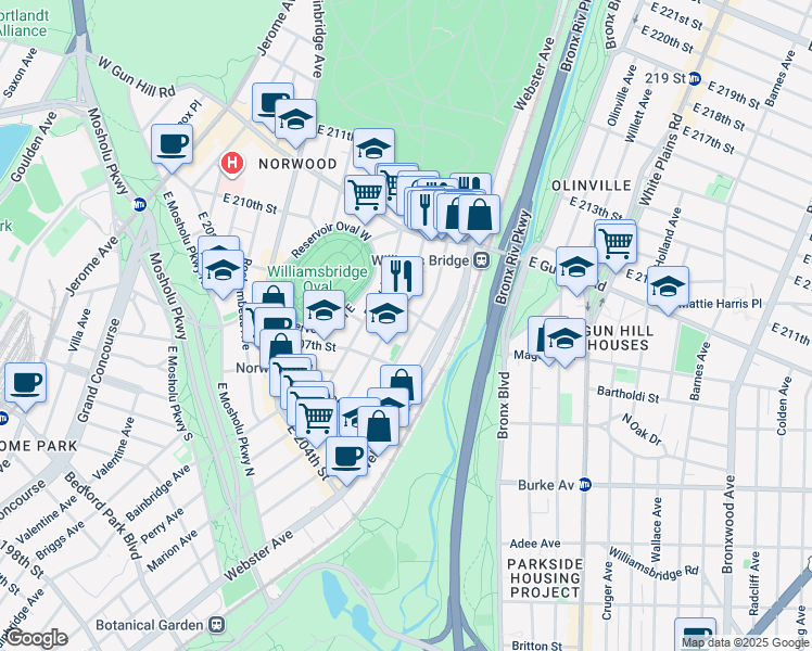 map of restaurants, bars, coffee shops, grocery stores, and more near in The Bronx
