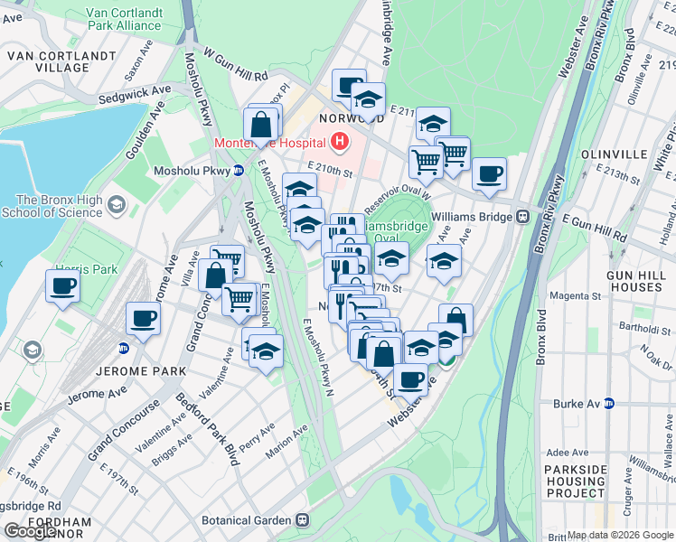map of restaurants, bars, coffee shops, grocery stores, and more near in The Bronx