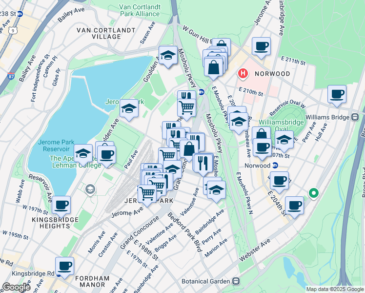 map of restaurants, bars, coffee shops, grocery stores, and more near in Bronx