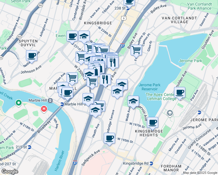 map of restaurants, bars, coffee shops, grocery stores, and more near in The Bronx