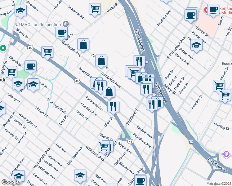 map of restaurants, bars, coffee shops, grocery stores, and more near 406 Garibaldi Avenue in Lodi