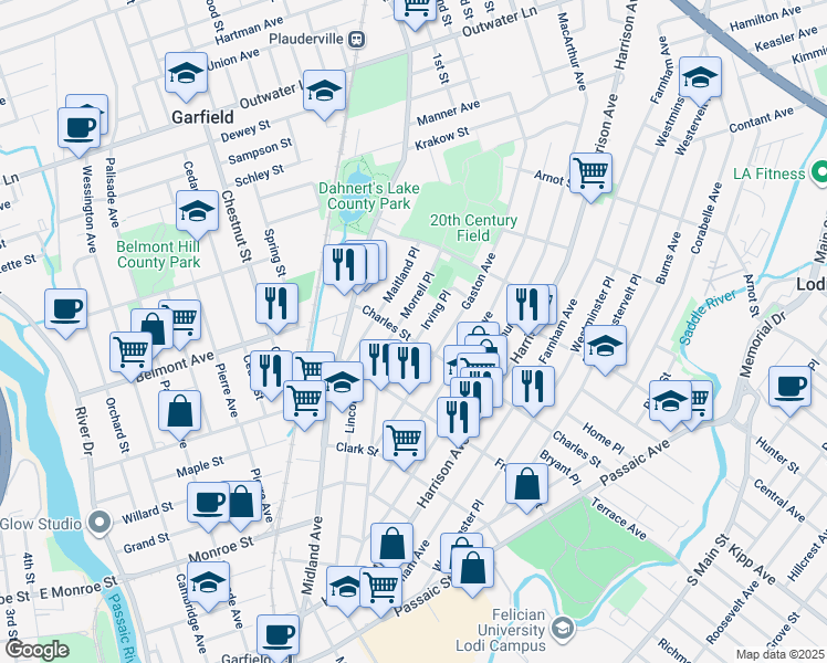 map of restaurants, bars, coffee shops, grocery stores, and more near 63 Irving Place in Garfield