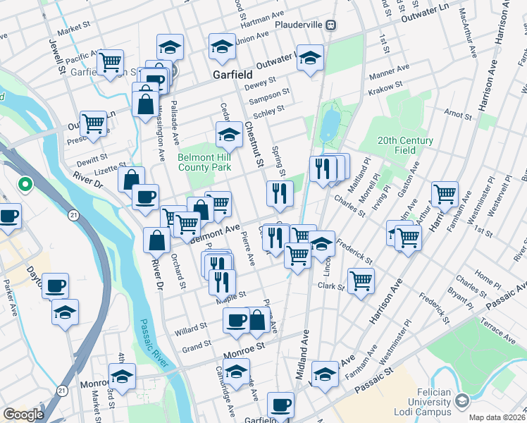 map of restaurants, bars, coffee shops, grocery stores, and more near 79 Cedar Street in Garfield
