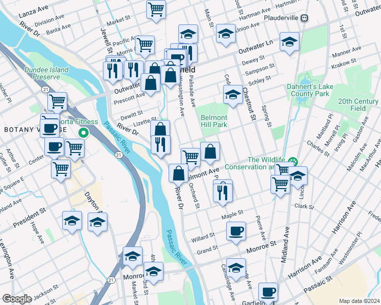 map of restaurants, bars, coffee shops, grocery stores, and more near 112 Wessington Avenue in Garfield