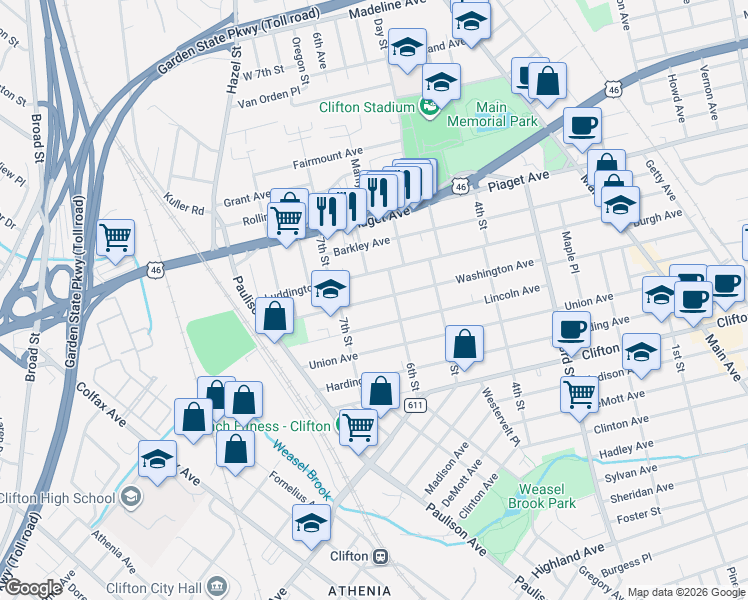 map of restaurants, bars, coffee shops, grocery stores, and more near 308 Washington Avenue in Clifton